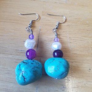 Turquois, amethyst, and pearl earrings